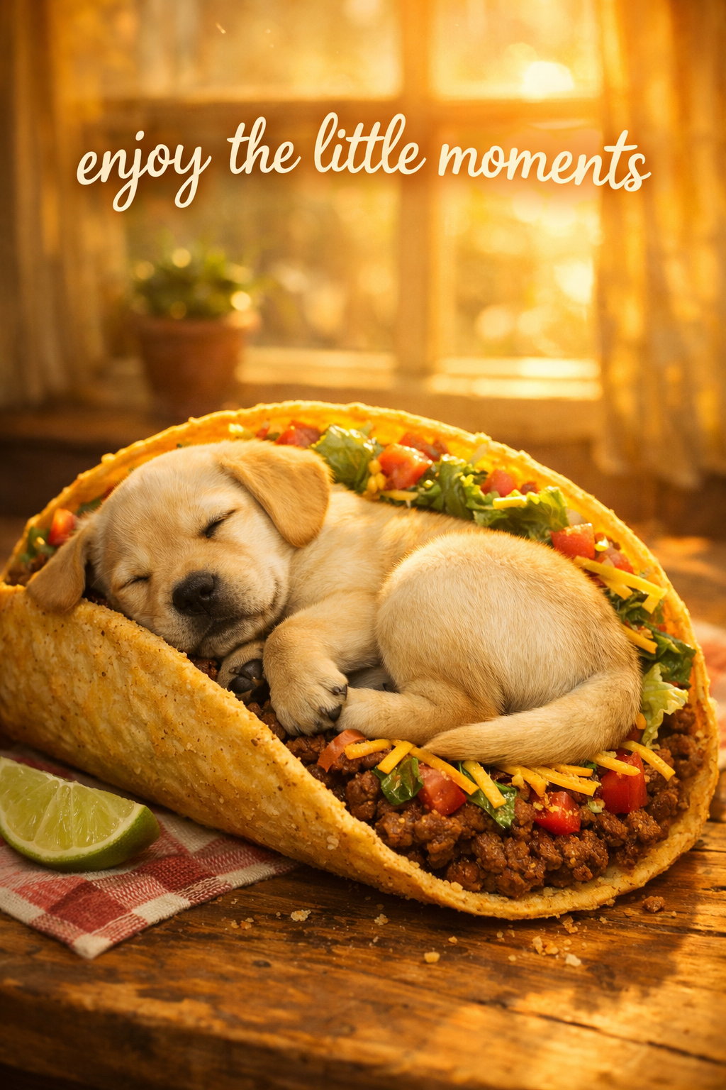 UntitledImage.png A cozy, whimsical image of a yellow Labrador puppy sleeping curled up inside a taco like a bed, placed on a wooden table. Warm golden sunlight streams through a window in the background, creating a soft, comforting glow. Fresh taco ingredients surround the puppy, and the text “enjoy the little moments” appears gently above the scene.