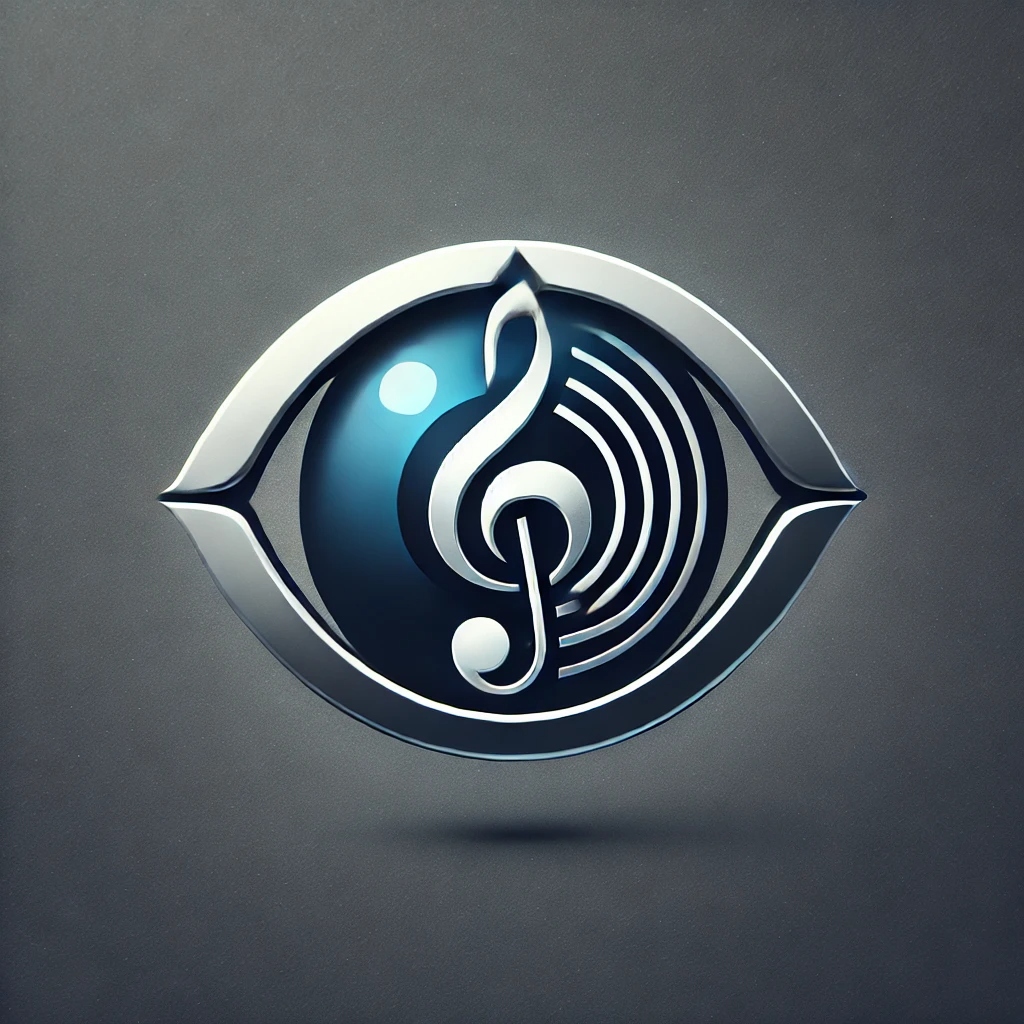 A sleek and modern logo featuring an abstract eye with a musical note integrated into the iris. The eye has smooth, curved lines, and the pupil subtly forms a treble clef. The design uses a deep blue and silver color scheme, creating a futuristic and artistic feel. The overall look is minimalist yet striking, symbolizing both vision and music in a harmonious blend.