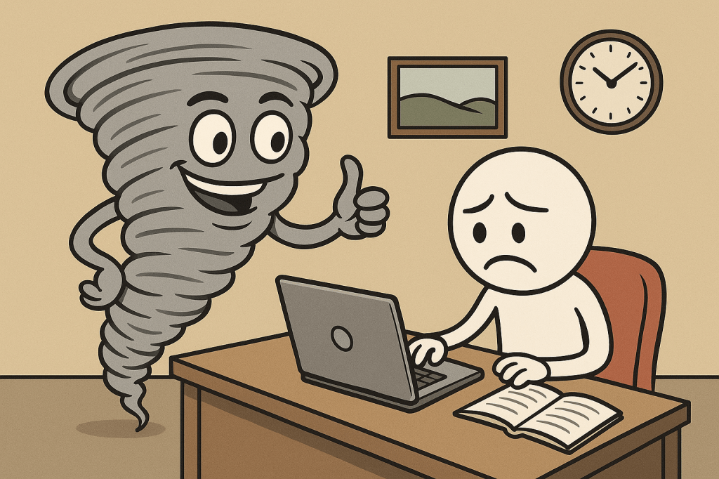A cartoon-style illustration depicts a scene in an office setting. On the left, a smiling anthropomorphic tornado with a face and arms is giving a thumbs-up gesture. On the right, a simplistic human figure with a worried expression is sitting at a desk, typing on a laptop. An open book lies on the desk beside the laptop. The background features a wall with a framed landscape picture and a clock showing the time as 10:10. The overall color scheme is muted with shades of beige, gray, and brown.
