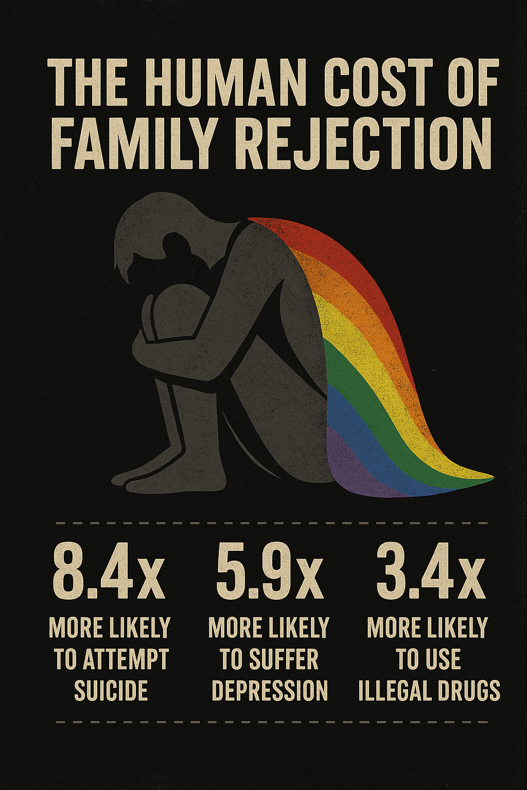 A silhouette of a person sitting with their knees drawn up to their chest, head resting on their knees, is depicted. The silhouette is draped with a rainbow-colored cloak, symbolizing the LGBTQ+ community. Above the figure, the text reads: "The Human Cost of Family Rejection." Below the figure, three statistics are presented: 8.4x more likely to attempt suicide 5.9x more likely to suffer depression 3.4x more likely to use illegal drugs