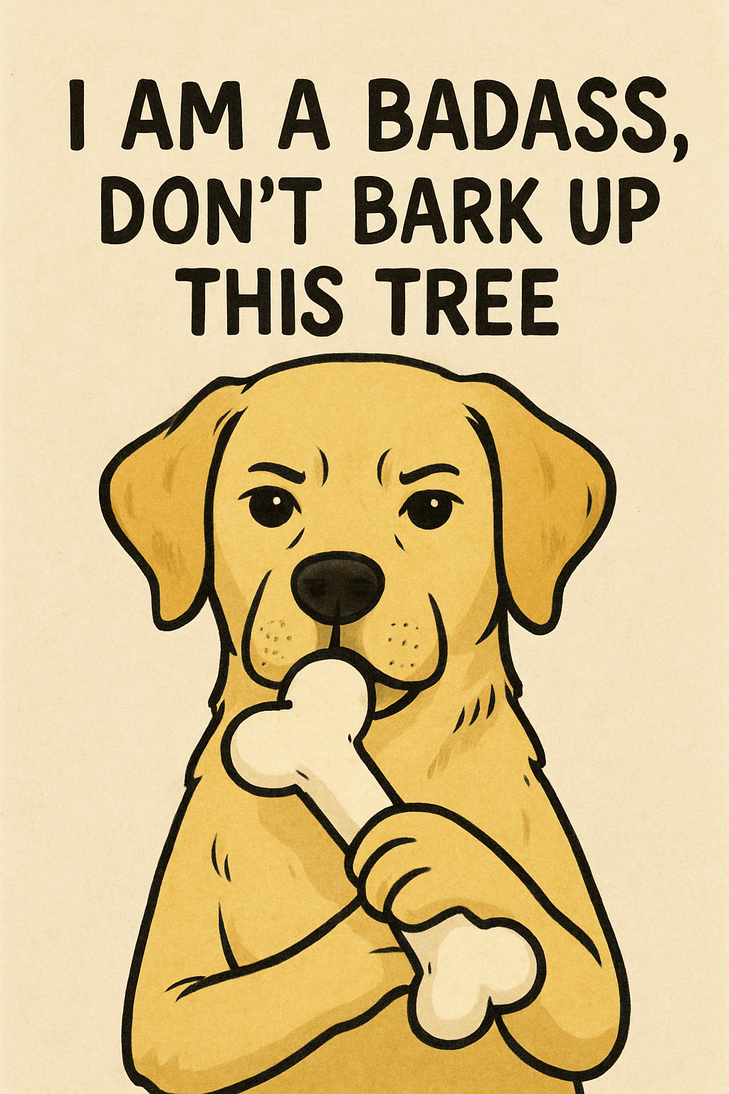 A cartoon-style illustration of a confident yellow Labrador Retriever holding a bone like a microphone in its front paws. The dog has a bold expression with raised eyebrows and a slight smirk. Above its head, large black text reads: “I AM A BADASS, DON’T BARK UP THIS TREE.” The background is a light tan color, giving the image a playful yet assertive tone.