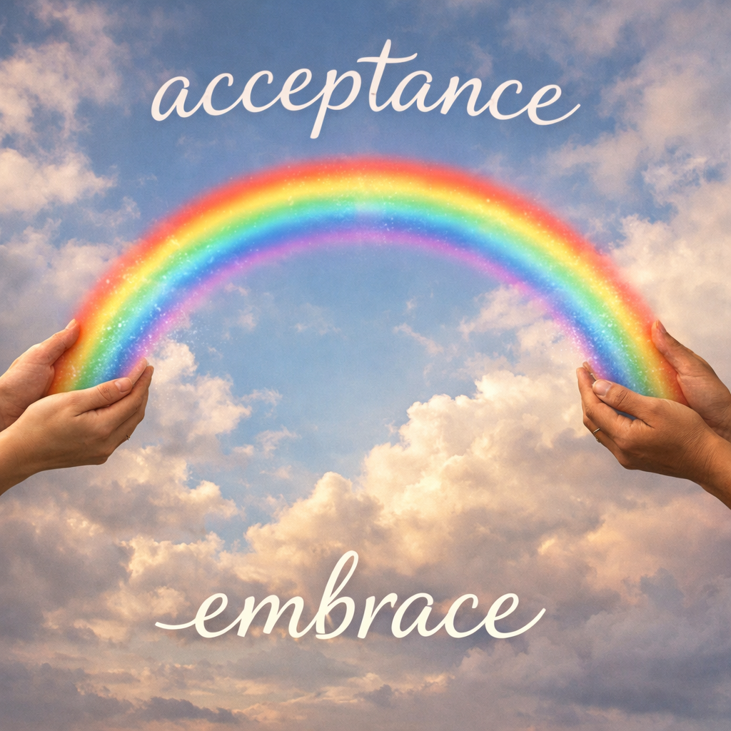 Alt text:
A bright rainbow arcs across a soft blue sky with light clouds, gently held at each end by two caring human hands. The word “acceptance” appears above the rainbow, and the word “embrace” is written below it, conveying warmth, love, and inclusion.