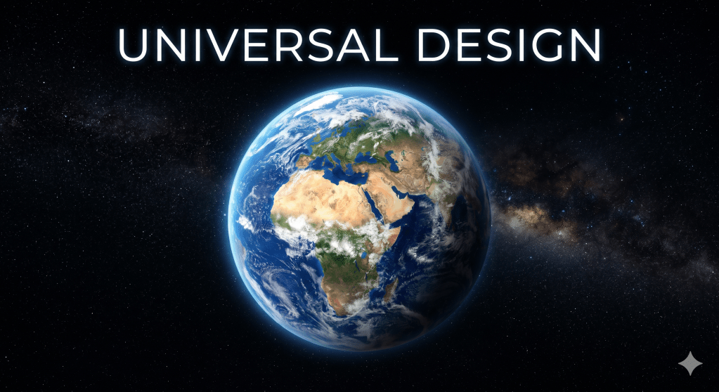 A photo realistic picture of Earth in space, the words, Universal Design are shown at the top.