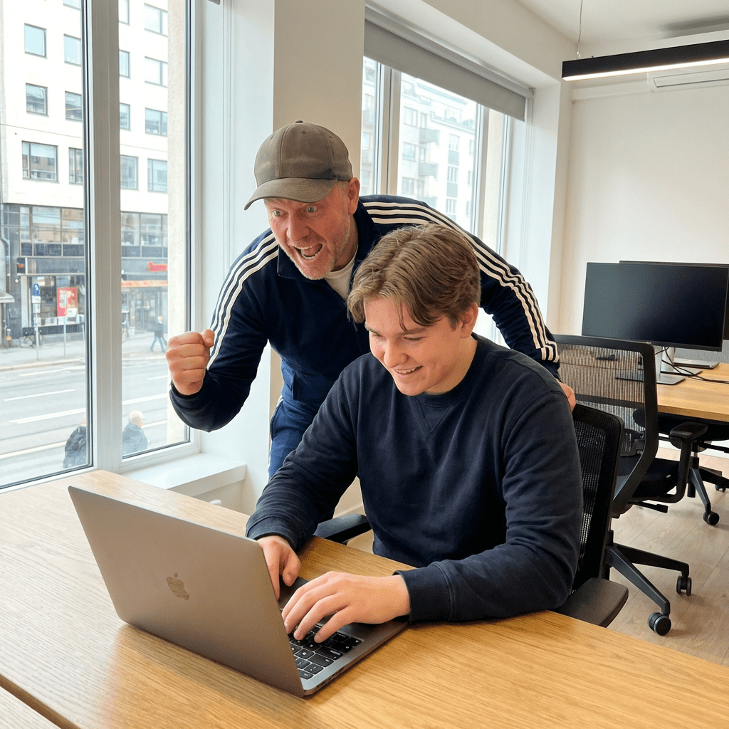 Two men in an office smiling and cheering over a laptop screen.